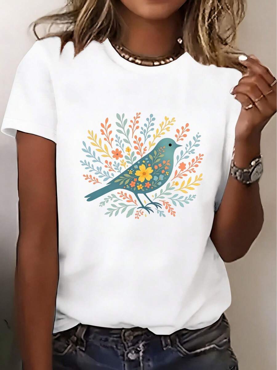 Elegant Short-Sleeve T-Shirt For Women - Shirt Style With Bird And Flower Print, Round Neck | Perfect For Spring And Summer Beach Vacations, Travel, Dates, And As A Gift. | Machine Washable, Casual To Formal Style - Urban Vintage Style, Unisex, Cotton, Short Sleeves, And Round Neck. - 白色 - 查看 1
