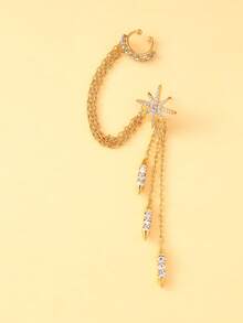 1pc Retro European & American Style Octagram Tassel Ear Cuff Earring, Sparkling Single Rhinestone Earring - Gold - View 7