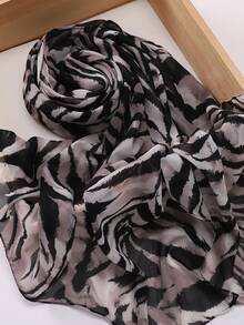1pc Women's Pearl Chiffon Floral Print Scarf, Muslim Hijab Scarf - Brown - View 4