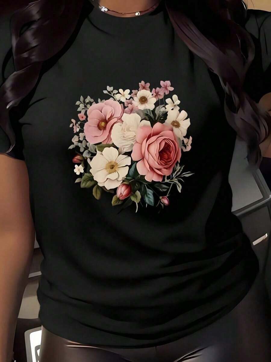 Short-SleeveSoft & Comfy Casual T-Shirt - Women's Fashion Top With Unique Prints, Stylish Clothes, Sweet Gift 180g100% Cotton100% Cotton - 黑色 - 查看 1