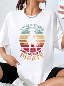 Why Be A Princess When You Can Be A Pirate? Women's Vintage Retro Graphic Tee, Casual Crew Neck Top, Summer Outfit,  Tee. - 白色 - 查看 7
