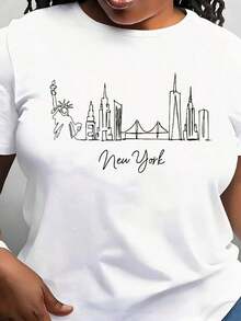 Modern Minimalist T-Shirt With New York Skyline For Women, Casual Short Sleeve T-Shirt For Daily Outdoor Wear, Suitable For Any Occasion, Perfect As A Birthday Gift, For Wear In All Seasons, Casual For Everyday. - 白色 - 查看 7