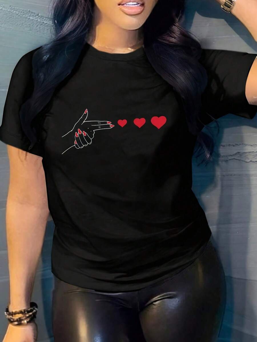Camiseta deportiva casual suave para mujer, con estampado de corazón, manga corta, cuello redondo, a la moda para verano y primavera, blusas elegantes para mujer. - Negro - Ver 1