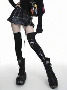 1 đôi tất dài quá đầu gối thoáng khí in chữ cái tiếng Anh và hình quả táo theo phong cách Gothic Subculture, tất ống dài dễ thương và cá tính kiểu Y2K dành cho nữ, phong cách Ins, mùa xuân/hè. - Nhiều màu - Xem 1