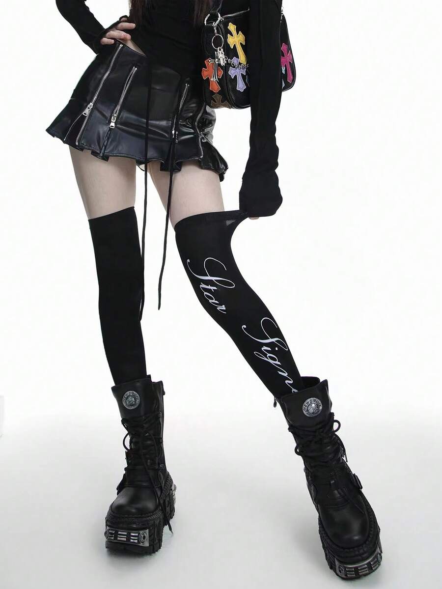 1 đôi tất dài quá đầu gối thoáng khí in chữ cái tiếng Anh và hình quả táo theo phong cách Gothic Subculture, tất ống dài dễ thương và cá tính kiểu Y2K dành cho nữ, phong cách Ins, mùa xuân/hè. - Nhiều màu - Xem 1