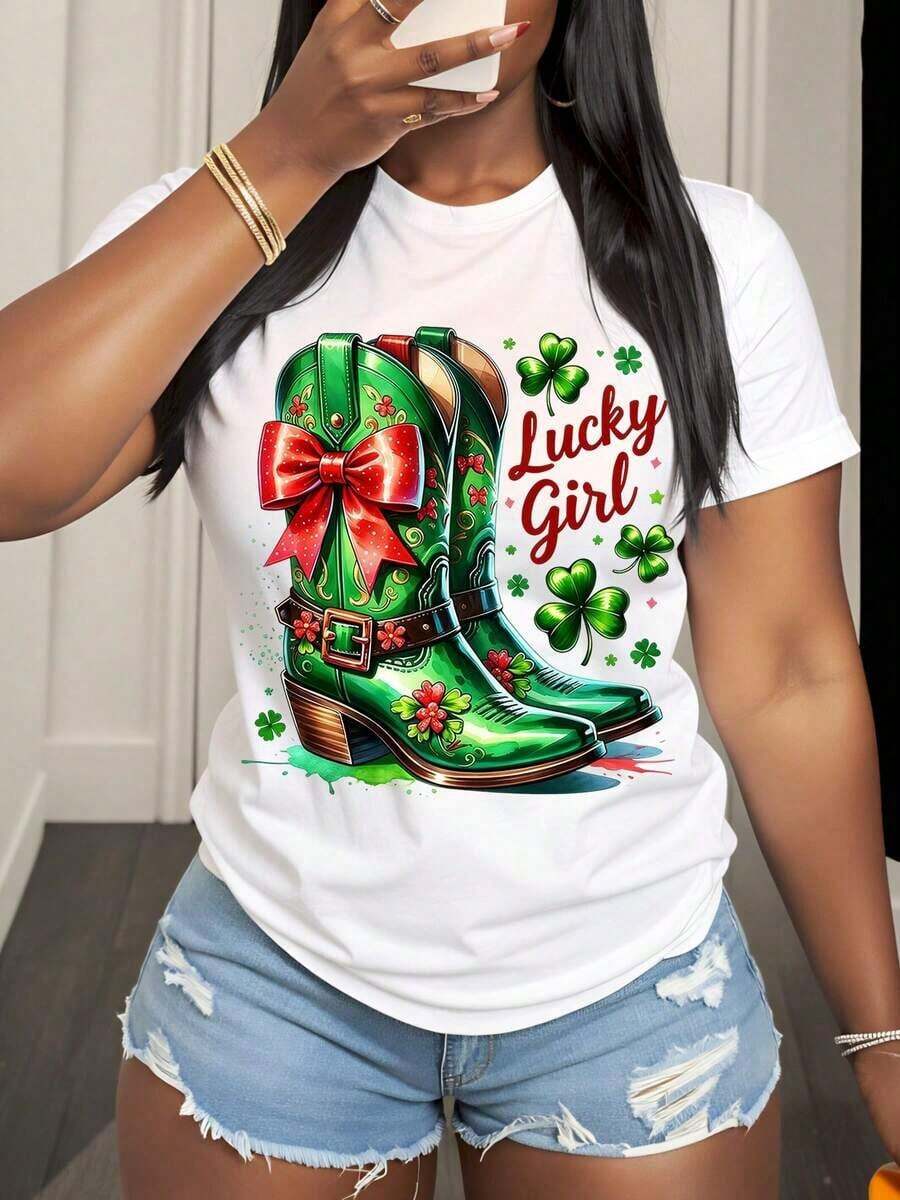 Lucky Girl Women's St. Patrick's Day T-Shirt With Cowboy Boots, Shamrock, And Red Bow Design For St. Patrick's Day Celebration, 220g - Urban Vintage Style, Unisex, Loose Fit, Cotton, Short Sleeve, Crew Neck, 100% Pure Cotton - 白色 - 查看 1