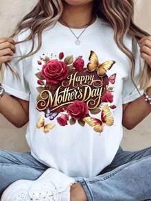 Happy Mother's Day T-Shirt With Roses And Butterflies Design For Women, Casual T-Shirt For Mother's Day Gift, 220g - Urban Vintage Style, Unisex, 100% Pure Cotton, Short Sleeve, Round Neck. - 白色 - 查看 7
