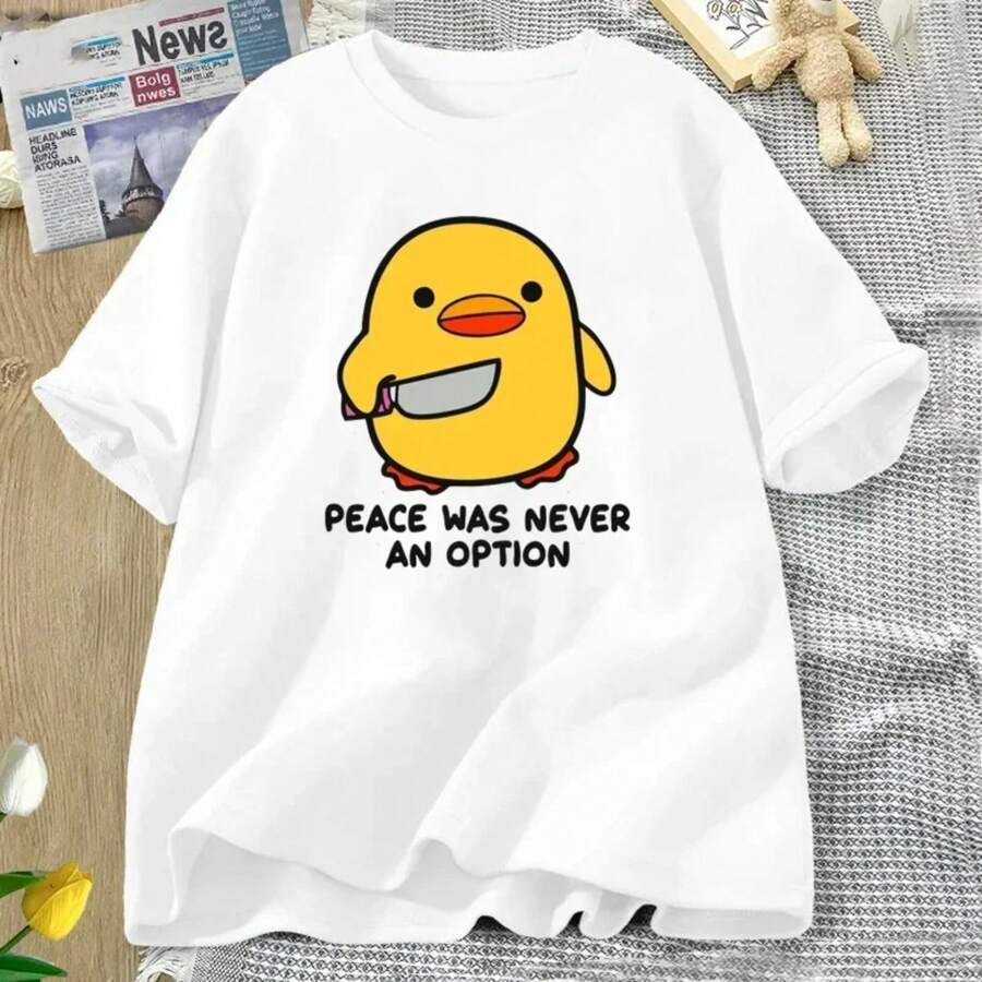 Peace Was Never An Option, Cute Animal T-Shirt, Funny Goose Graphic T-Shirts, Casual Summer Shorts, Sleeve T-Shirts, Women's Clothing - 白色 - 查看 1