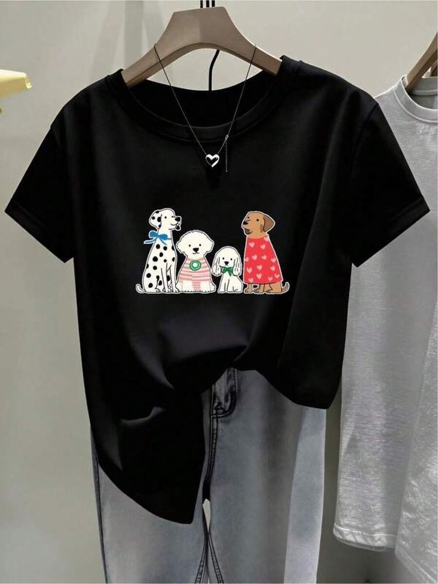 New 2026 Women's T-Shirts, Couple T-Shirts, Funny Pet Print T-Shirt, Original Design, Comfortable, Casual, Cheerful For Animal Lovers, Size S/M/L, Black, Youth Fashion 2023 - 黑色 - 查看 1