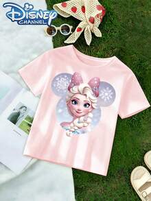 DisneyCute Disney Princess Elsa Design Men's T-Shirt Frozen Theme Summer Wear For Kids And Teens Gift For Children And Family - 粉色 - 查看 2