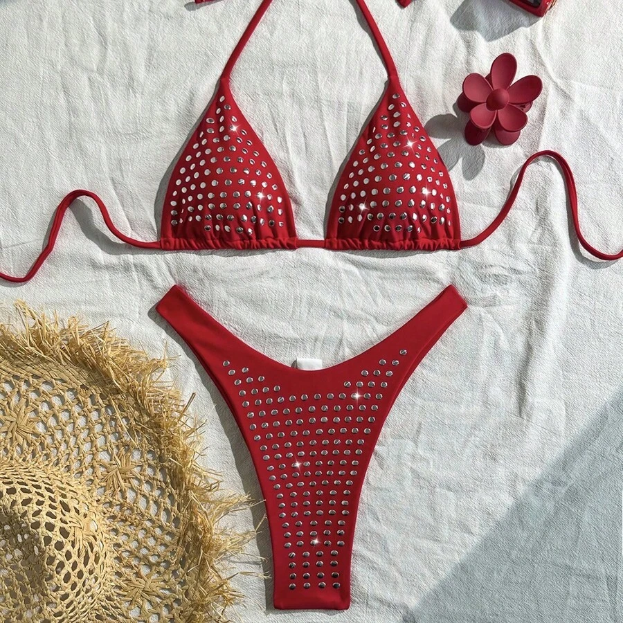 Sexy Rhinestone Bikini 2026, Solid Color Two-Piece Swimsuit With Ties, Women's Beach Vacation Swimwear, Manufacturer - 紅色 - 查看 1