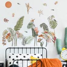 Tropical Plant Wall Stickers, Featuring Hand-Drawn Elements Of Turtle Leaf, Banana Leaf, And Hummingbird, Paired With Muted Morandi Colors To Create A Fresh And Healing Natural Atmosphere. Made Of Self-Adhesive Waterproof PVC Material, Firmly Attached Without Damaging Walls, Easy To Install And Freely Combinable To Customize Your Accent Wall - A - View 5