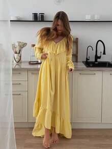 Vestido largo cuello V con volantes y manga acampanada, estilo vacacional primavera verano 2026 - Amarillo - Ver 8