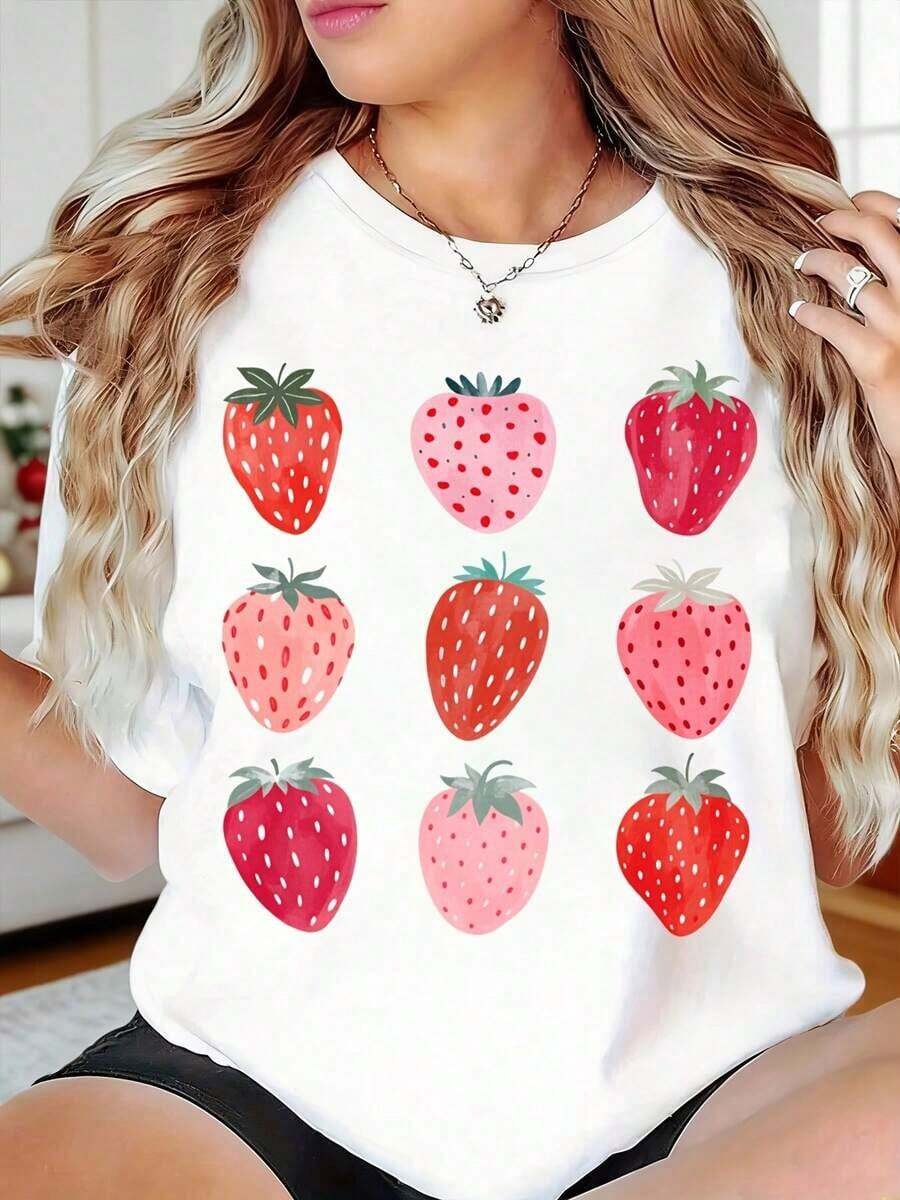 Women's Casual Strawberry Print T-Shirt, Round Neck, Short Sleeve, Summer Casual Top, Fruit Graphic Design T-Shirt For Daily Wear And Outings. - 白色 - 查看 1