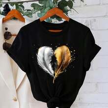 Women's Cotton T-Shirt, Sizes M-5XL, Casual Loose Fit, Round Neck, Short Sleeve, Heart And Feather Print, Gold And Silver Graphic, Comfortable Top For Everyday Wear, Soft Women's Clothing - 黑色 - 查看 7