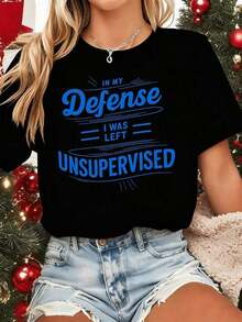 100% Cotton. Women's "In My Defense" T-Shirt, Made Of Soft Cotton, With A Relaxed Fit, Casual Style, And Comfortable Feel, Featuring A Unique Graphic Print. New Release! Simple Solid Color Women's T-Shirt, Loose And Fitted Cut, Casual Short Sleeves. - 黑色 - 查看 7