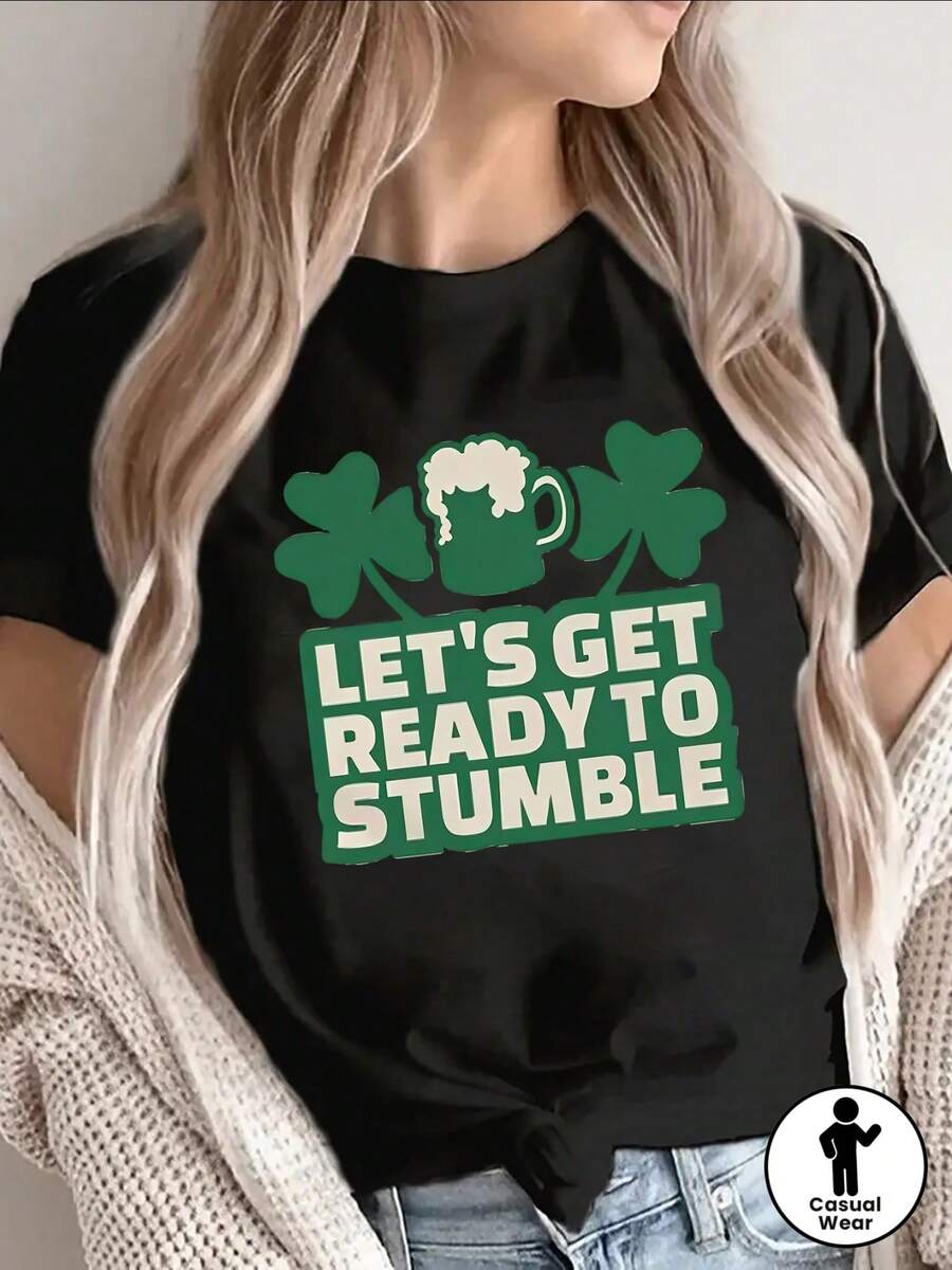 Lightweight Mexican Short Sleeve T-Shirt With A Fun St. Patrick's Day Design That Says 'Get Us Ready To Stumble', Perfect For Parties And Casual Outings, Ideal For Festive Celebrations At Home Or In Restaurants. - 黑色 - 查看 1