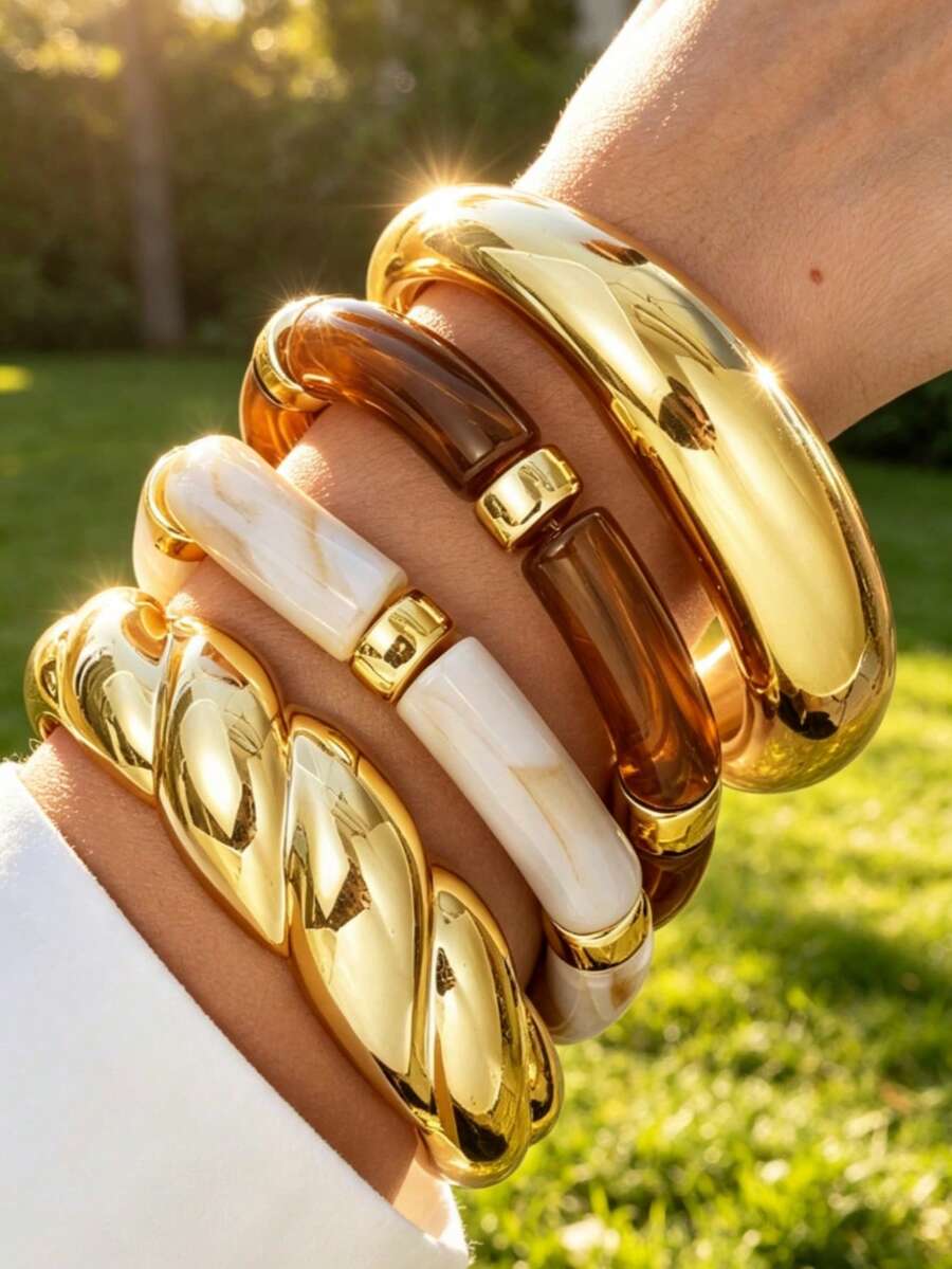 4pcs Vintage Elegant Minimalist Women Resin Acrylic Brown Elastic Bracelet & Gold Striped Smooth Open Bangle Set, Suitable For Daily Wear, Holiday Gift, Stackable - Yellow Gold - View 1