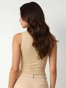 Women's Summer Tank Tops Stylish Solid Color Hollow Out Design Crew Neck Sleeveless Slim Fit Vest - Khaki - View 5