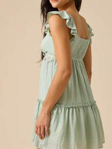 Womens Flutter Sleeve Lace Trim Mini Dress Ruched Spaghetti Strap A-Line Flowy - 薄荷綠 - 查看 2