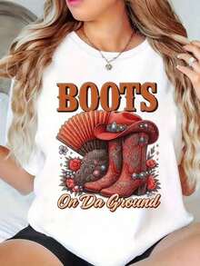 Women's Retro Western Graphic T-Shirt, Boots On The Ground Design, Short Sleeve T-Shirt, Cowboy Boots And Hat Design, Casual Short Sleeve Crew Neck T-Shirt With Vibrant Print For Casual And Themed Wear - 白色 - 查看 1