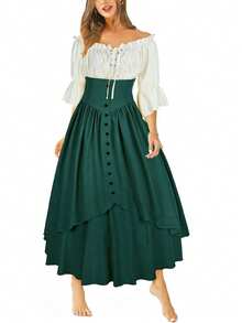 New Halloween Dress For Women, Renaissance Style, Full Skirt, With Patchwork Lace, Asymmetrical Pointed Design, Dark Fairy Style, Costume, Perfect For Halloween Parties, Cosplay And Themed Photography - Green - View 1