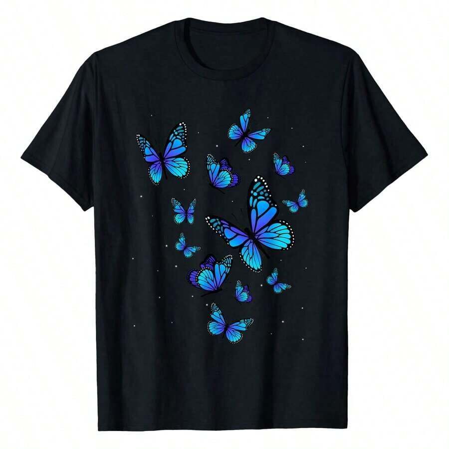 1 Piece Women's Short Sleeve T-Shirt With Blue Butterfly Print, Casual And Urban Style, Small Size, Ideal For Spring And Summer. Loose-Fitting Printed T-Shirt For Women, Summer Top, Gift For Holidays, Easter Sunday, Mother's Day, Independence Day, Pride Month. 180g 100% Cotton. - 黑色 - 查看 1