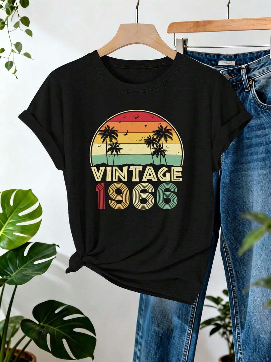 Women's Casual Sports T-Shirt With Vintage Palm Tree And Sunset Design 1966 - Black Elastic Round Neck T-Shirt, Machine Washable, Comfortable Fit And Suitable For All Seasons. - 黑色 - 查看 1