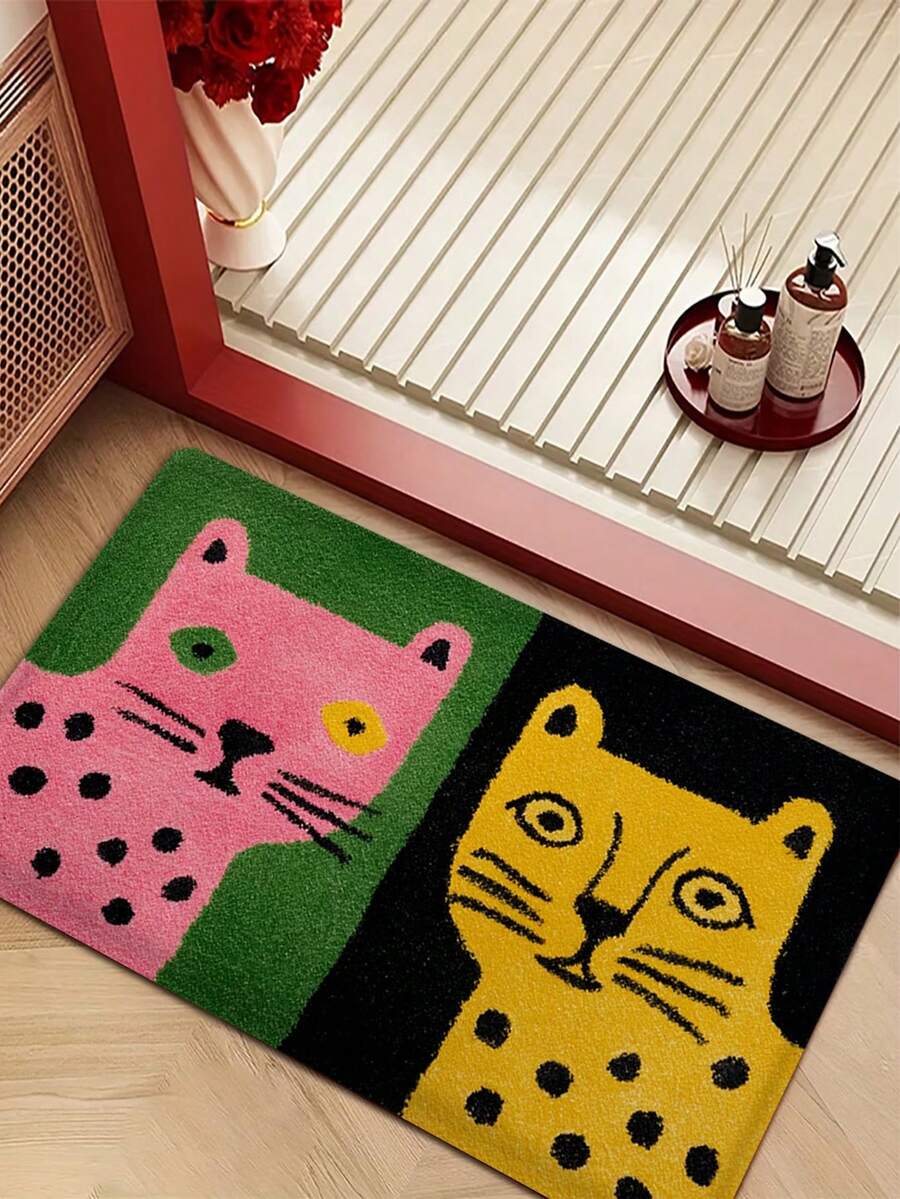 1pc Rectangular Bath Mat, Featuring Creative Artistic Pink & Yellow Tiger Pattern, Made Of Microfiber Polyester Crystal Velvet, Suitable For Bathroom, Living Room, Bedroom, Dining Table And Entryway Decor - A - View 1