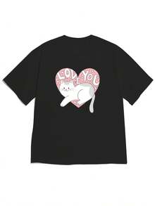 Women's Loose Off-Shoulder T-Shirt, New Spring/Summer 2026 Collection | Cute Cartoon Cat Print With The Phrase "LOVE YOU", Soft And Comfortable, Ideal For Casual Outings - High Quality For Summer. - 黑色 - 查看 7