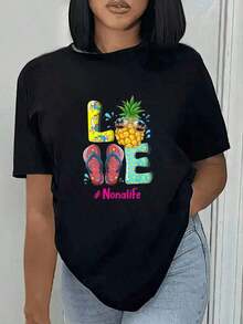 1pc Women's Short Sleeve Pineapple Print Camisole And LOVE Sandals Nonalife For Summer Beach And Travel Casual And Fun Style 2026 Suitable As A Gift. Women's T-Shirt. Blouses>Elegant. Boho Chic, Soft, Breathable And Comfortable Women's Top, Ideal For Spring, Summer And Autumn, Perfect For Vacation, Travel And Daily Wear. - 黑色 - 查看 2