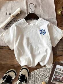 Women's Crew Neck T-Shirt With Letter Print, 100% Cotton, Casual Sporty Style, Short Sleeves, Suitable For All Seasons. Wear It As A Base Layer In Spring And Autumn Or On Its Own In Summer. Unisex Style, Perfect For Friends. High-Quality Cotton T-Shirt With A Modern Branded Touch. - 白色940 - 查看 2