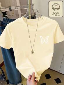 Women's T-Shirt, 100% Pure Cotton, Printed With A White Butterfly Design, Short-Sleeved T-Shirt With Round Neck, Summer Clothing, Comfortable And Breathable, Summer Clothes For Women, Tops For Women. - 黑色 - 查看 9