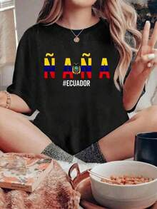 Camiseta Gráfica de Algodón, Tallas Grandes, 100% Algodón, Bandera de Ecuador, Camiseta para Mujer, Chica, Jergas, Camiseta de Verano para Mujer, Y2K, Camiseta Oversize para Hombre, Tops de Verano, Camiseta Casual Estampada para Mujer, Manga Corta y Cuello Redondo, Moda Urbana Local de Primavera/Verano. - Negro - Ver 6