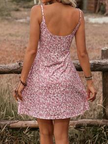 Vestido corto casual sin mangas con estampado floral pequeño para vacaciones y playa - Rosa - Ver 2