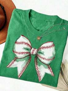 Mayan Culture 2026 Summer Clothes, Comfortable Blouse With Baseball Bow Print, Flirty Baseball Game Day T-Shirt, Baseball Season T-Shirt, Baseball Fan T-Shirt, Crew Neck Graphic Print T-Shirt For Sporty Moms, Loose And Comfortable Summer Tops, Cotton T-Shirt - 綠色 - 查看 12