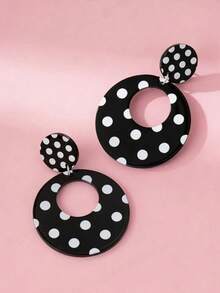 1 Pair Fashion Black & White Polka Dot Acrylic Geometric Water Drop Round Dangle Earrings, Suitable For Daily Wear - Black - View 2