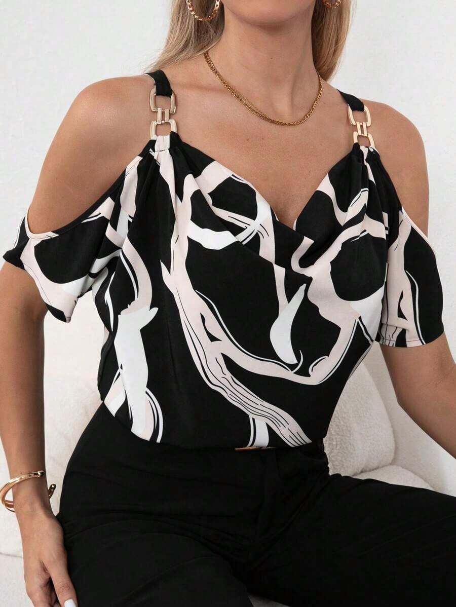 Clasi Blusa con estampado total, detalle de cadena en los hombros descubiertos, parte superior con hombros descubiertos - Blanco y Negro - Ver 1