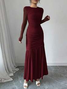 Vestido largo de manga larga con cuello redondo y malla para mujer, vestido casual de otoño.Adecuado para ropa de otoño, atuendo de regreso a clases, atuendo de maestro - Burdeos - Ver 3