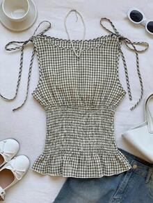 Top sin mangas de moda casual de tela escocesa con cordones para mujer, verano - Caqui - Ver 6