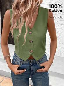 Chaleco camisa casual de un solo pecho de unicolor para mujer - Verde militar - Ver 3