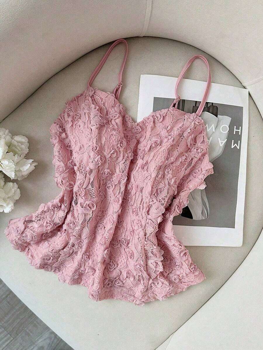 Camiseta de mujer con bordado de rosas 3D, floral y romántica, versátil - Rosa - Ver 1
