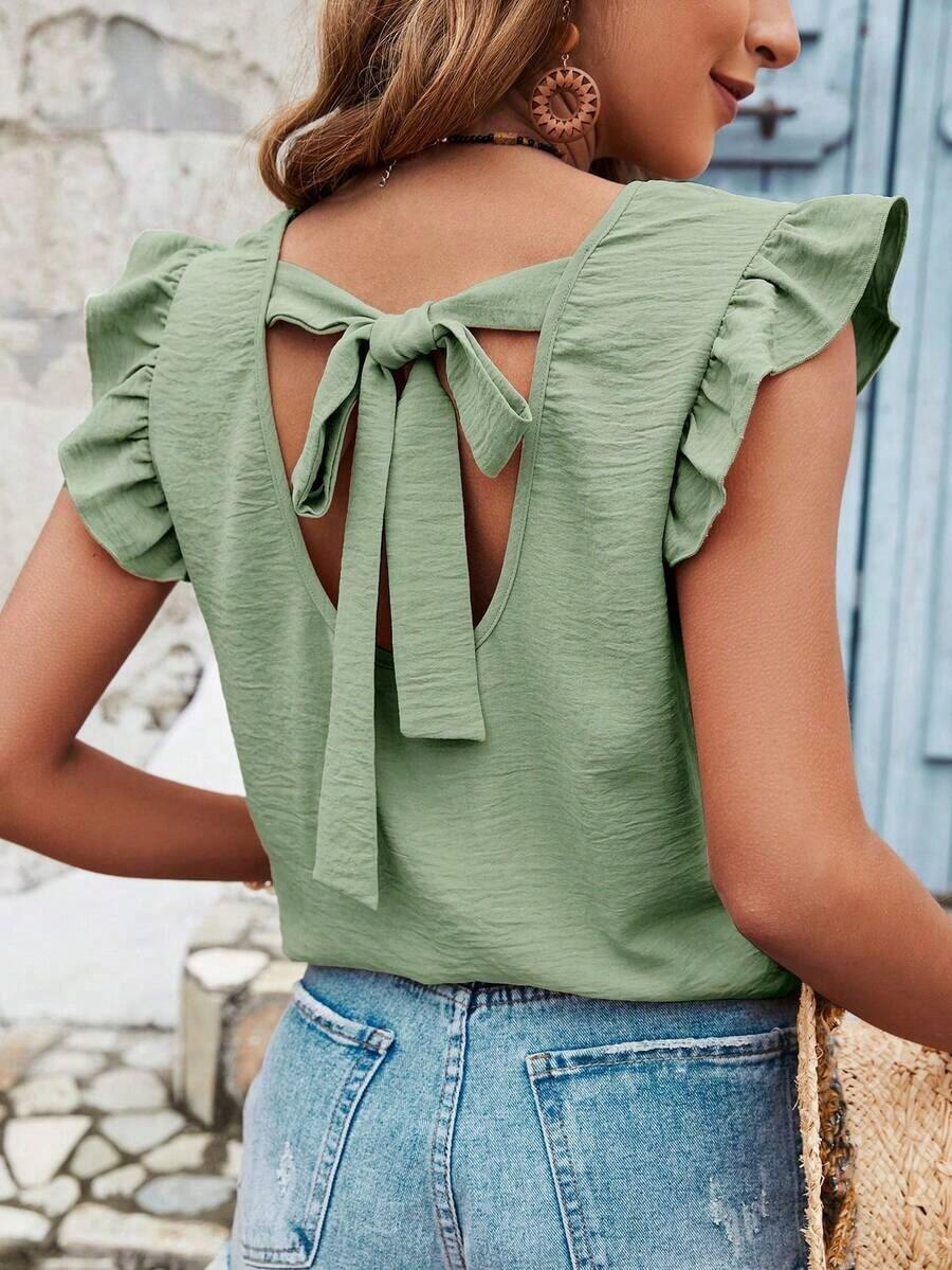 Frenchy Blusa de verano para mujer con volantes y cruce de tirantes en la espalda en color liso - verde menta - Ver 1