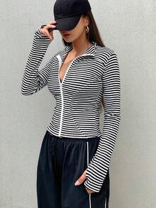 de forro polar de ajuste ceñido con cuello alto de unicolor para mujer, otoño e invierno - Blanco y Negro - Ver 2