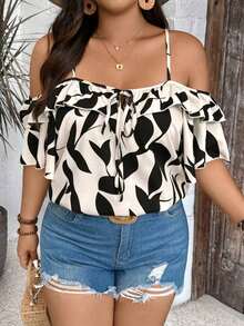 Camiseta romántica con volantes y escote descubierto de corazoncitos para vacaciones, talla grande.Ideal para fiesta casual, picnic o San Valentín. - Multicolor - Ver 4