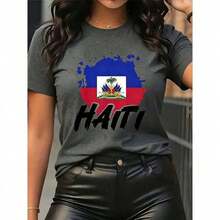 Camiseta de mujer con estampado de la bandera de Haití y la inscripción HAITI, de manga corta, cuello redondo, lavable aáquina, para atuendos casuales, eventos de orgullo haitiano, 4 de julio, partidos de la Copa Mundial, top suave y ligero, fácil de combinar con cualquier atuendo. Camiseta Gráfica de Algodón% para Mujer, Estilo Brokey Y2K Streetwear, Cuello Redondo, Corte Holgado - Gris - Ver 6