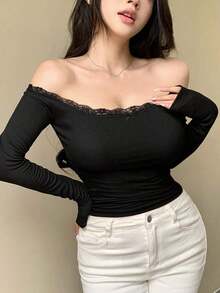 Camiseta ajustada para mujer con hombros descubiertos, con encaje y lazo de contraste, manga larga, top con hombros descubiertos - Negro - Ver 5