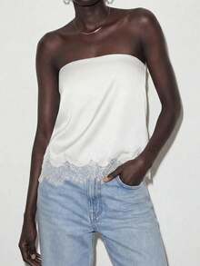 Contrast Lace Strapless Crop Top For Night Out - White - View 5