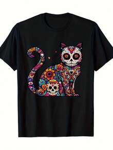 Sugar Skull T-Shirt For Day Of The Dead, Heavy Mexican Bohemian Style, Same Style For Men And Women, Summer 2026, Short Sleeve And Printed, 180G - 黑色 - 查看 1