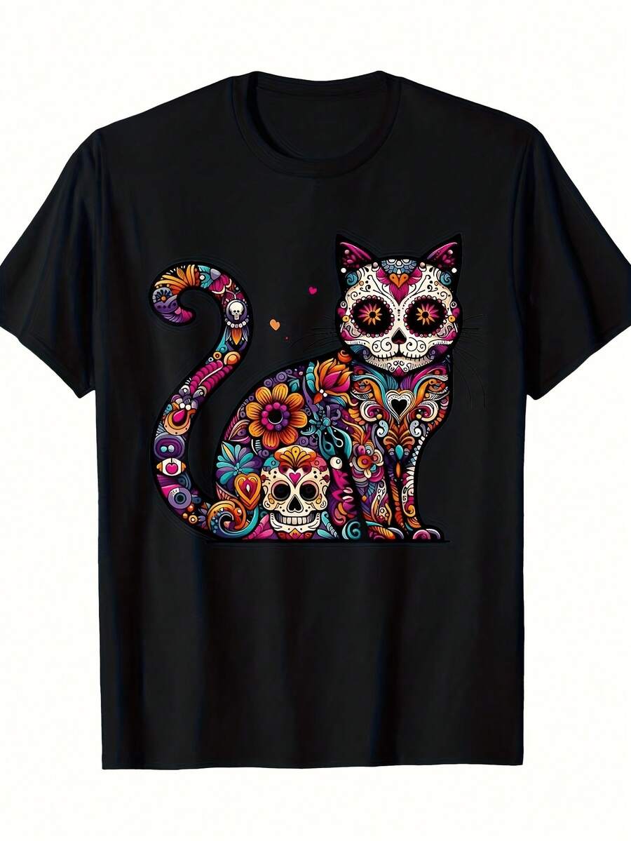 Sugar Skull T-Shirt For Day Of The Dead, Heavy Mexican Bohemian Style, Same Style For Men And Women, Summer 2026, Short Sleeve And Printed, 180G - 黑色 - 查看 1